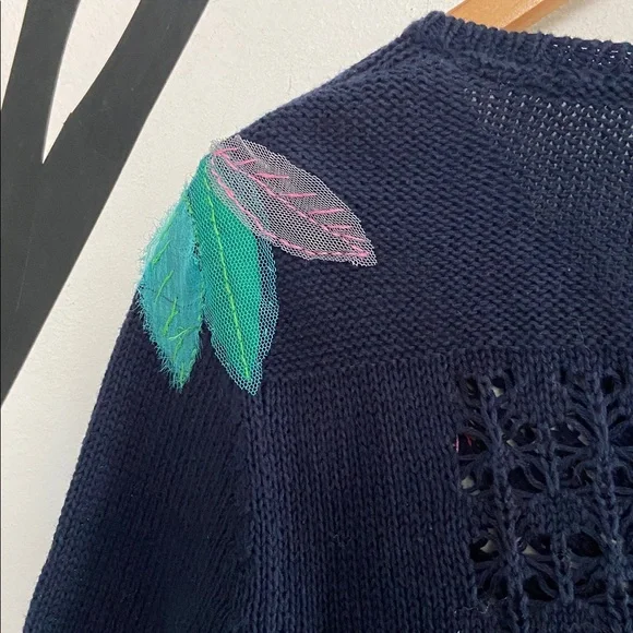 Anthropologie Mona Mabel navy cardigan with mixed media floral appliqués - Picture 12 of 16